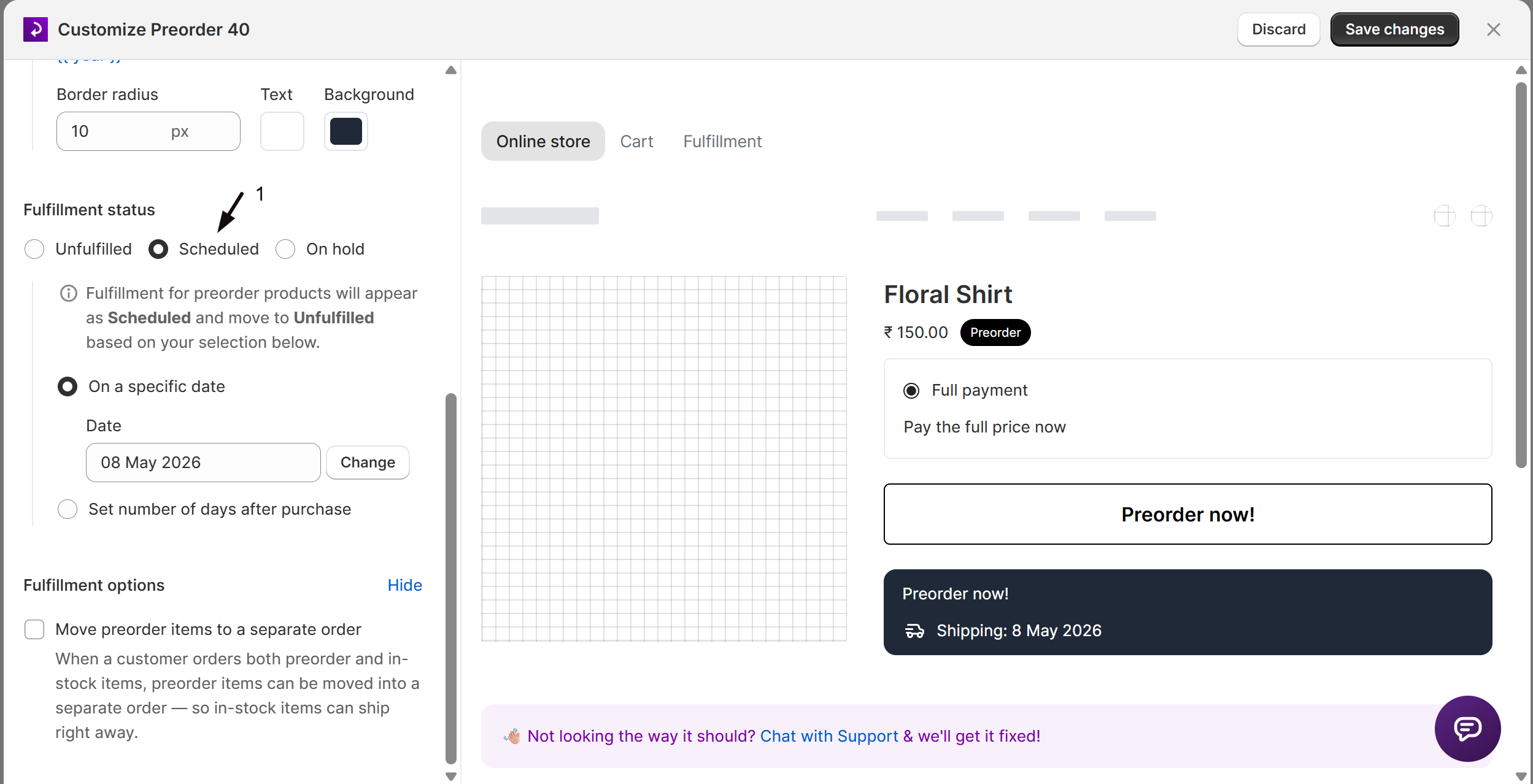 The Scheduled fulfillment status selected