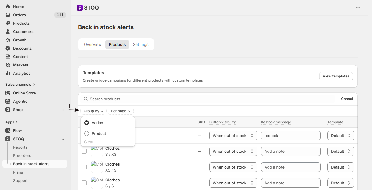Choosing Variant or Product grouping in the Group by filter