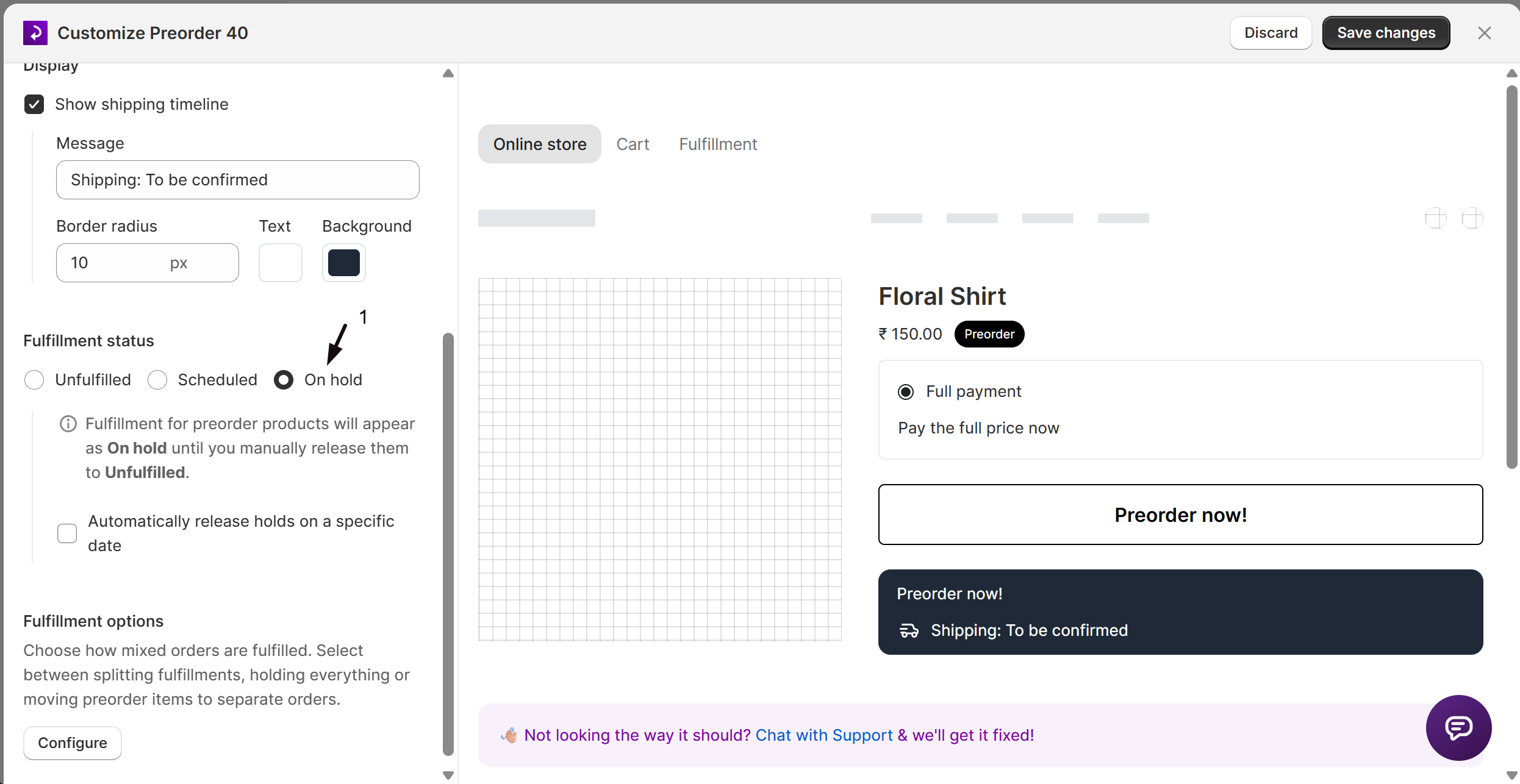 The On hold fulfillment status selected