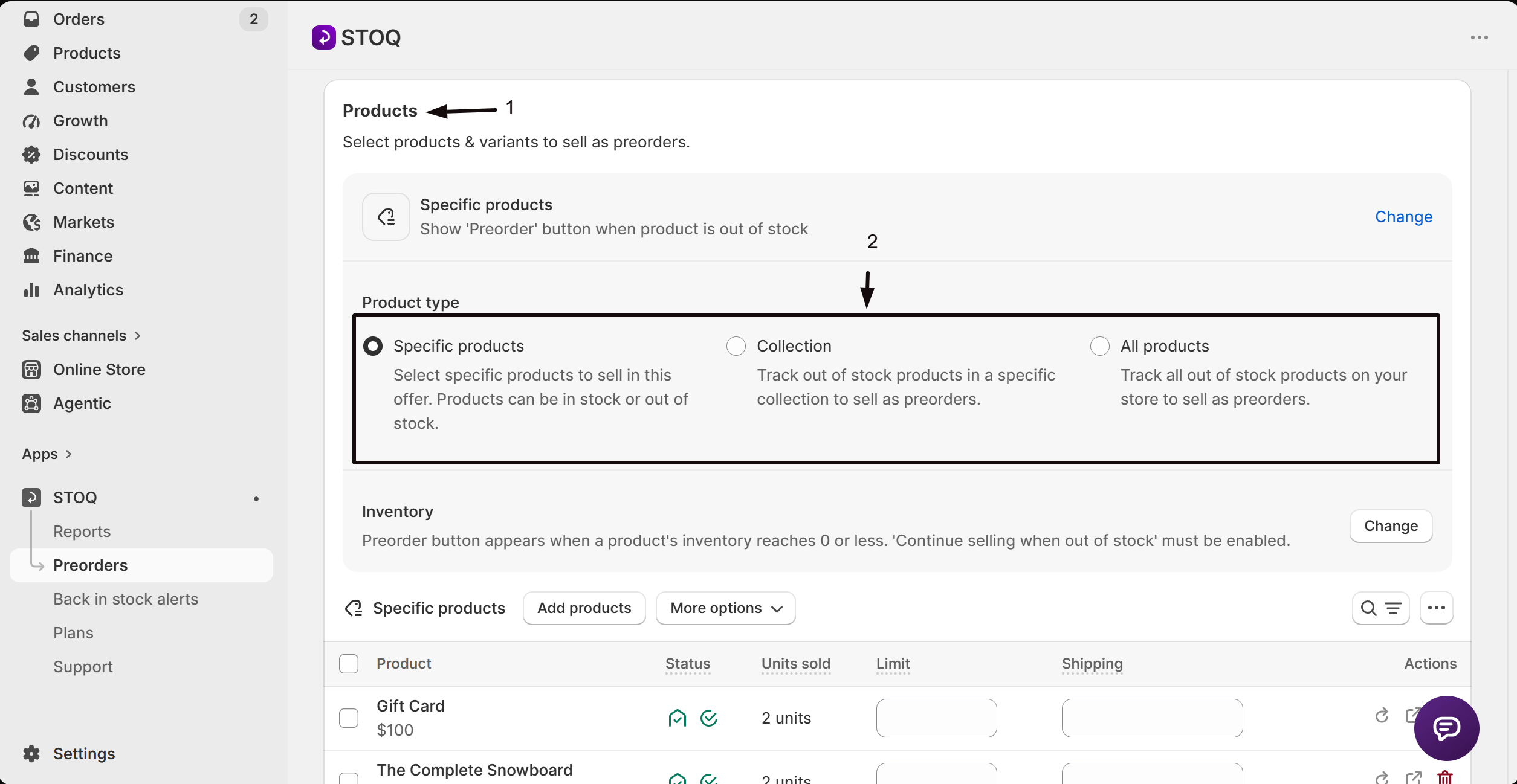 The Product type selector in the offer's Products section