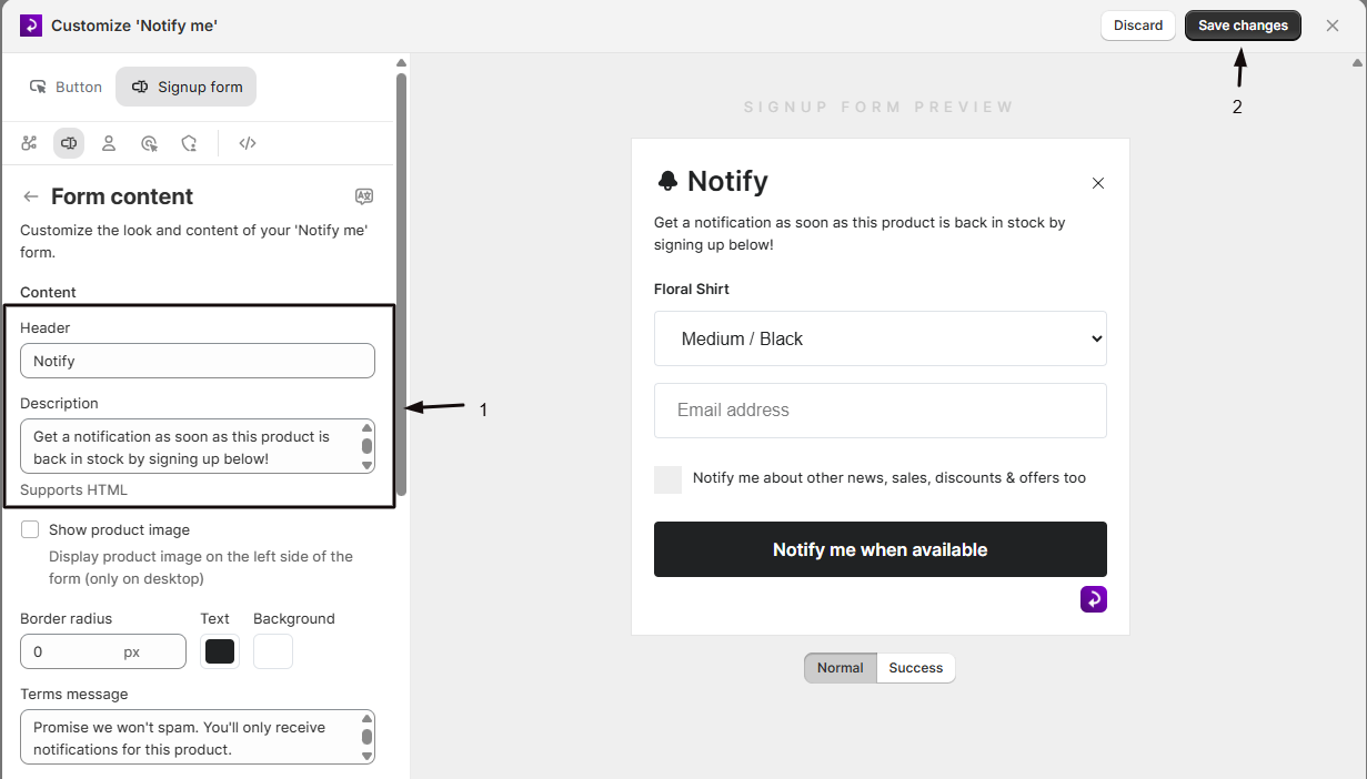 The Header and Description fields for the signup form