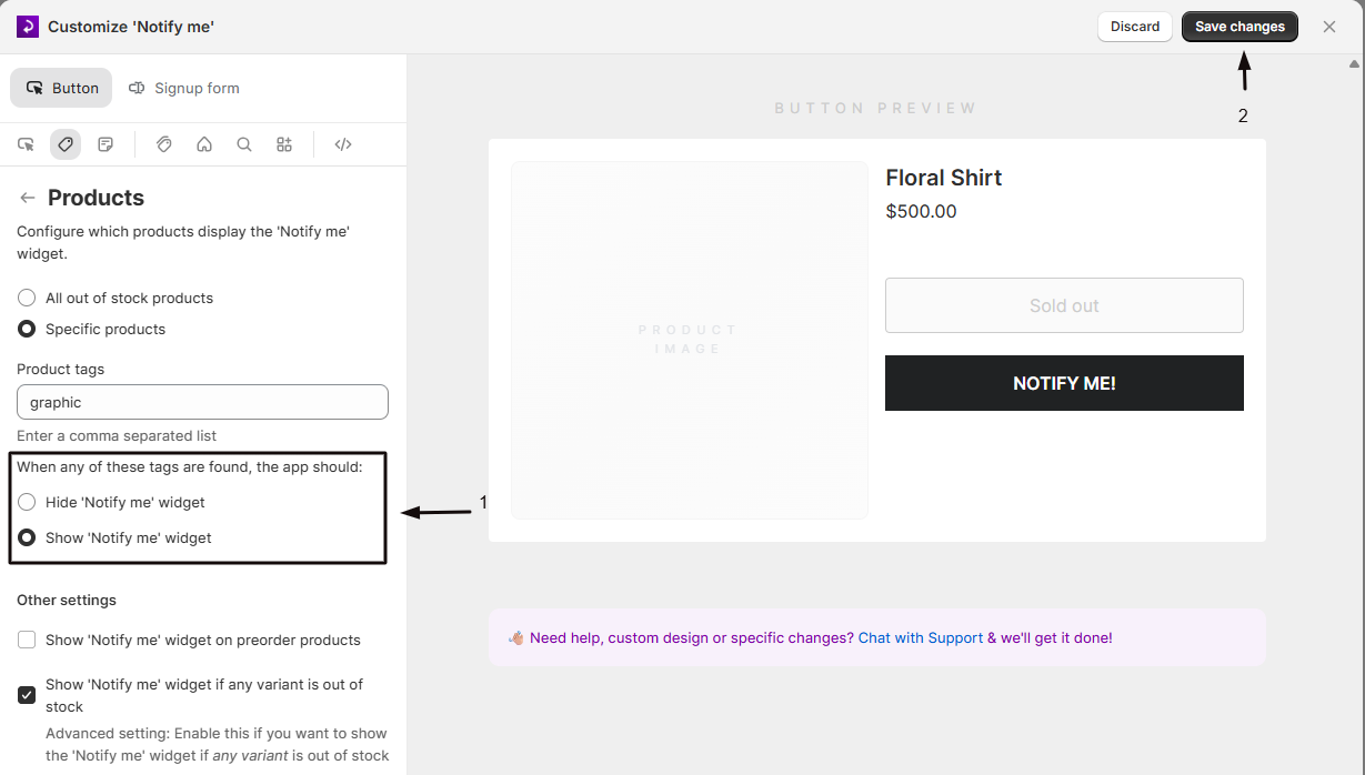 Choosing Hide or Show Notify me widget for tagged products