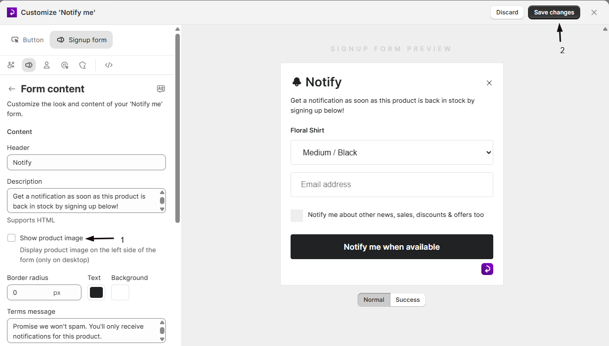 The Show product image option in Button + Popup mode