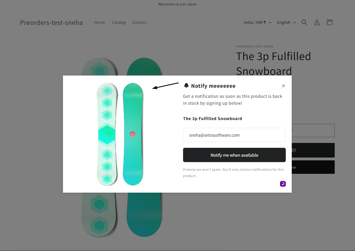 The signup popup on the storefront showing the product image on the left of the form