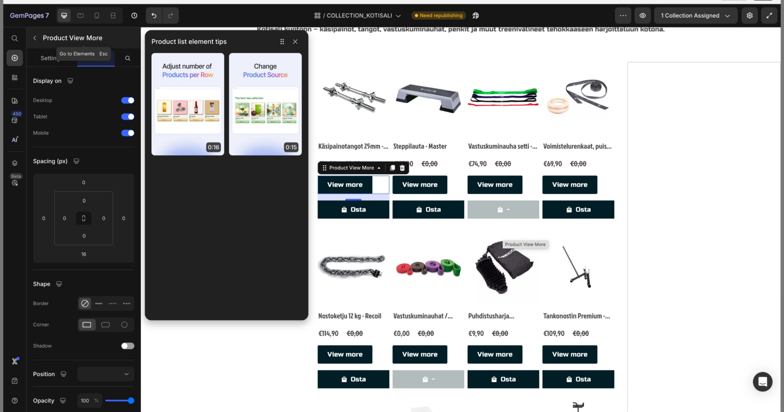 The Product view more element in the GemPages Elements tab