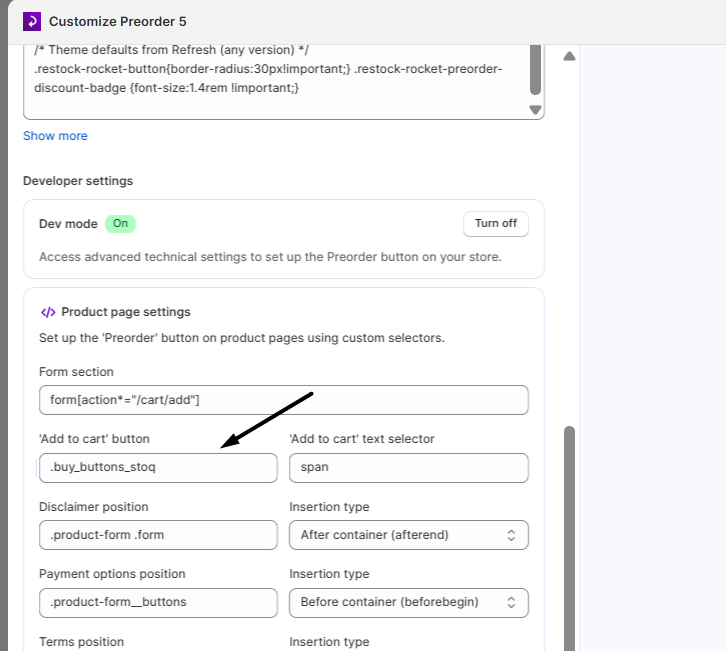 The Form section field in STOQ Dev mode with the custom class