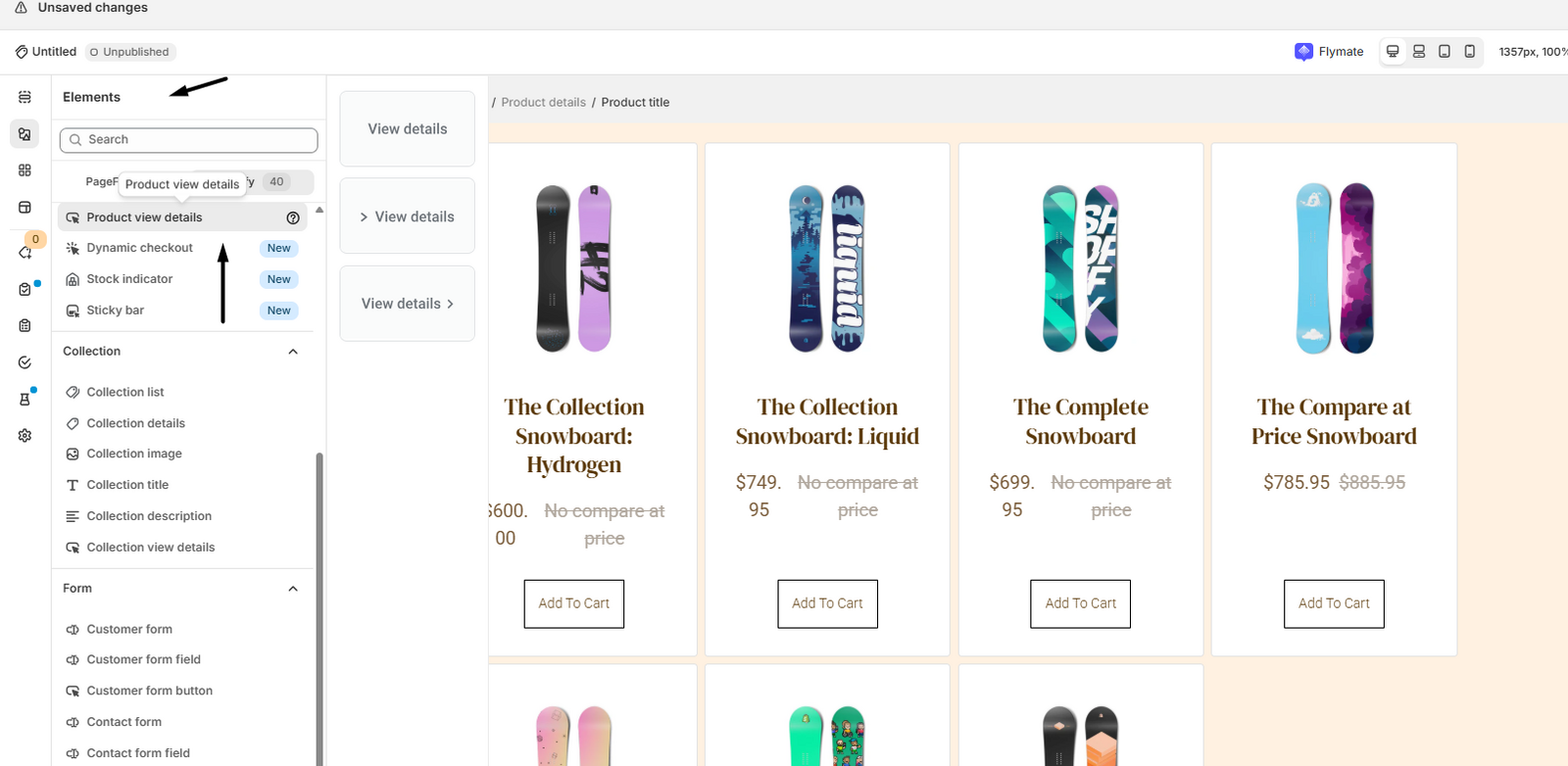 The Elements tab with the Product view details block under Shopify