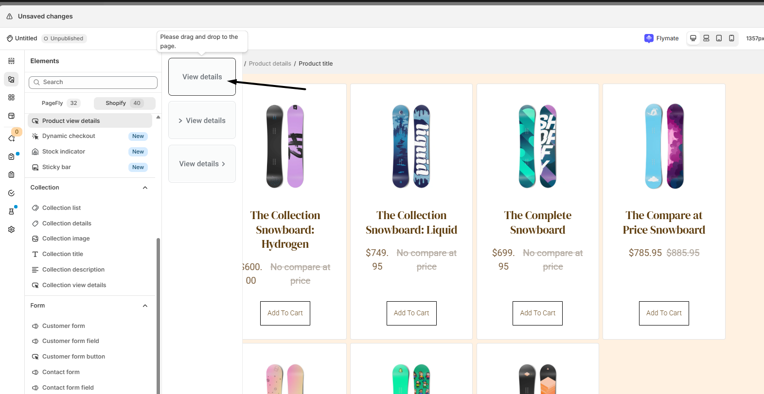 Dragging the Product view details block into the product list section