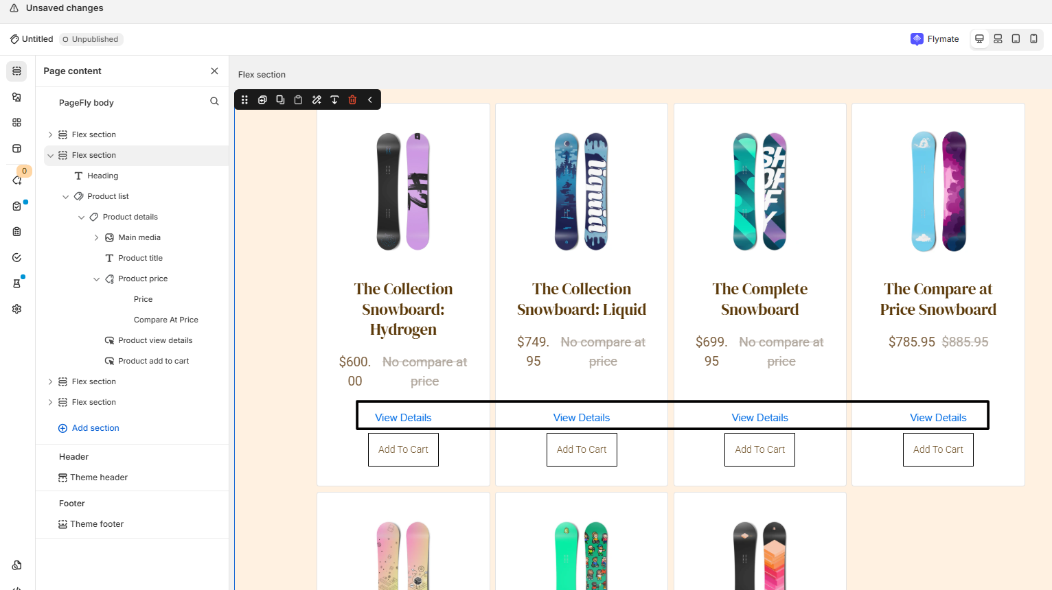 The Product view details block added in the Pagefly tree list