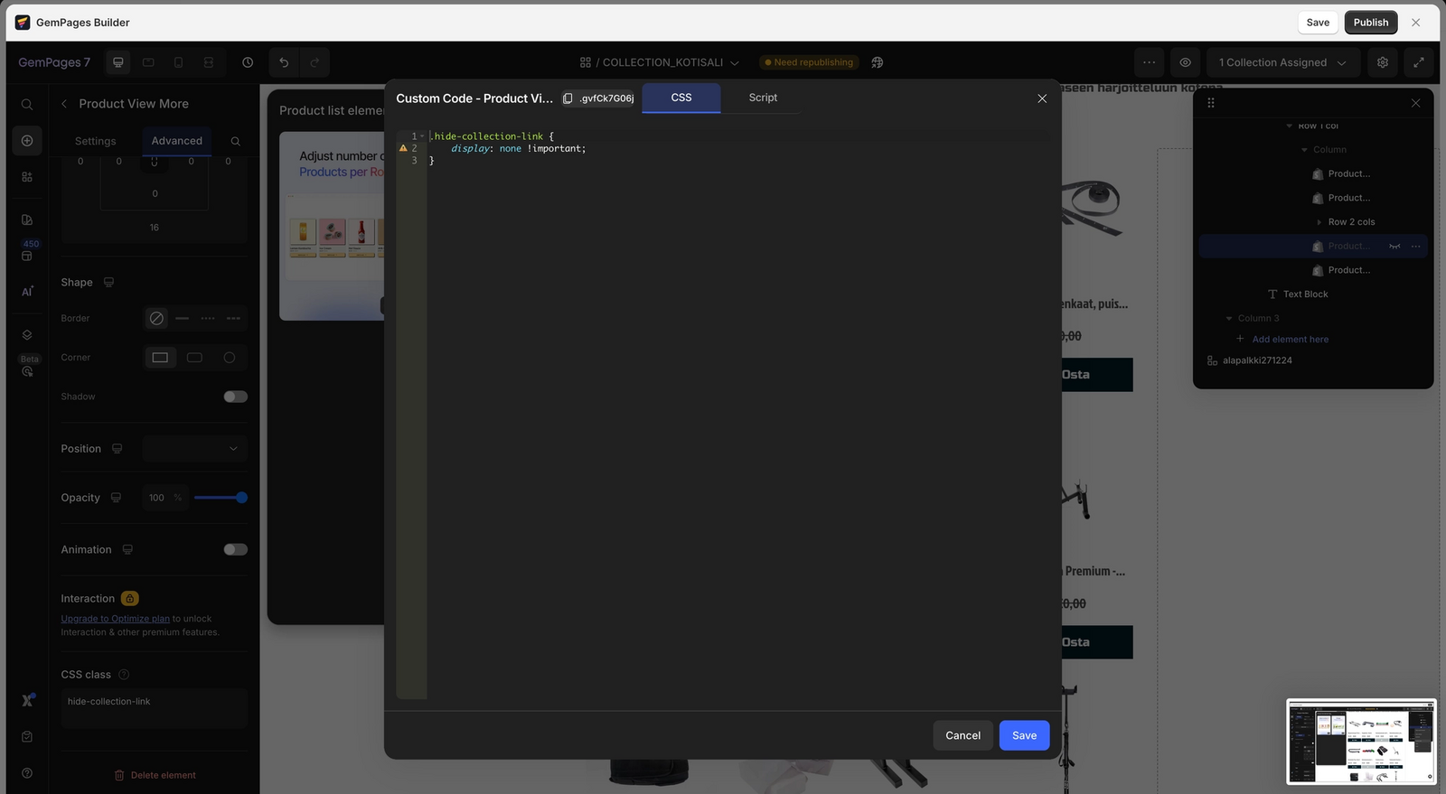 Adding the hide CSS in the GemPages custom code editor