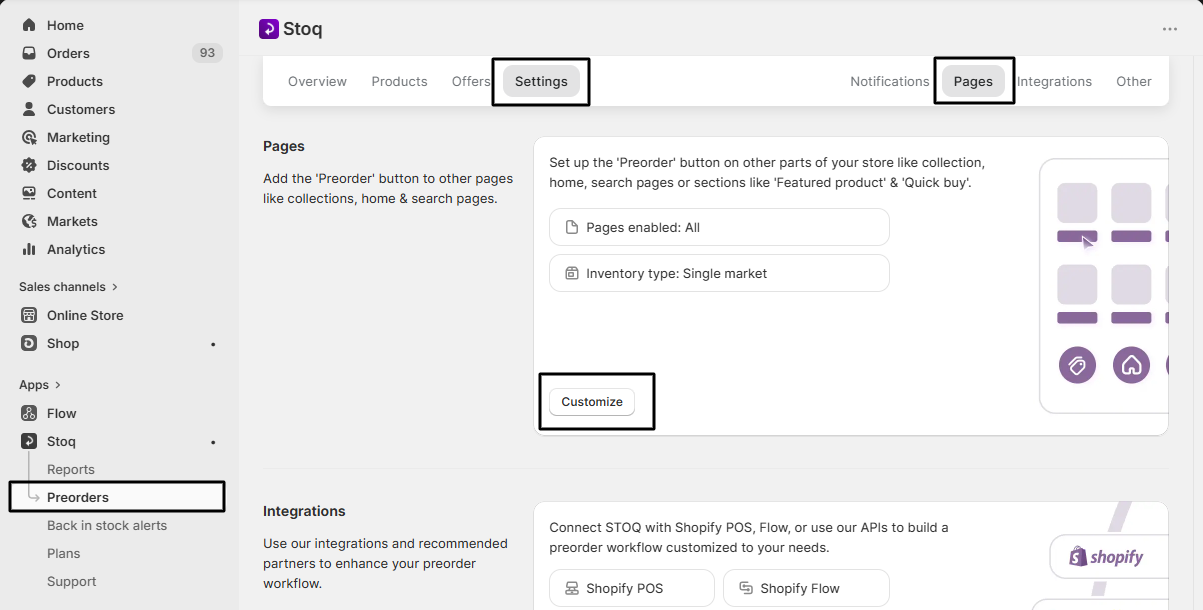 The Pages sub-tab with the Customize button