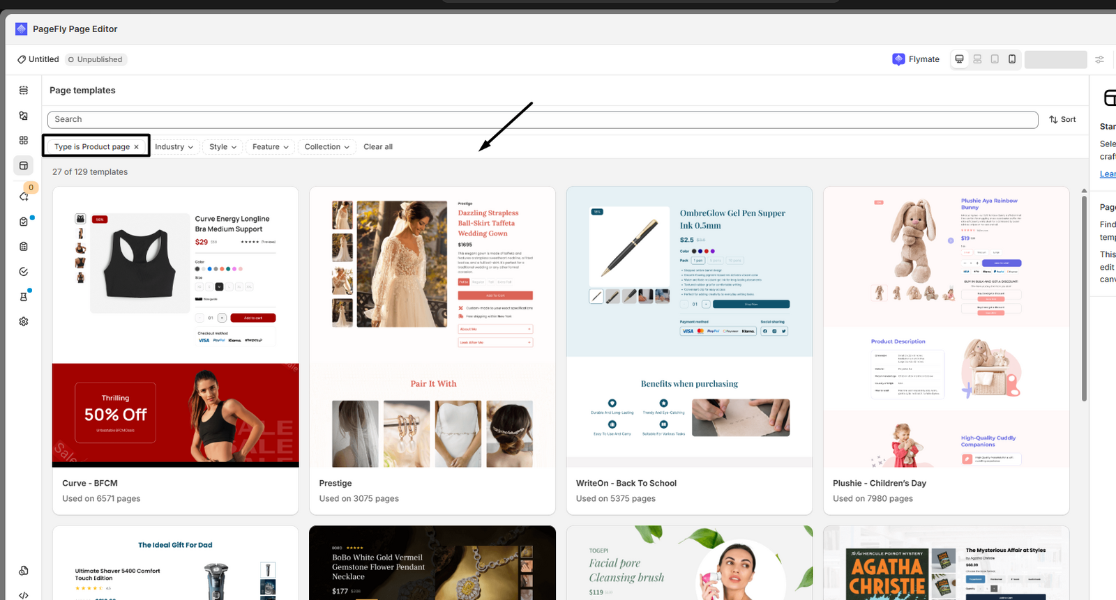 Opening the product section in the Pagefly editor