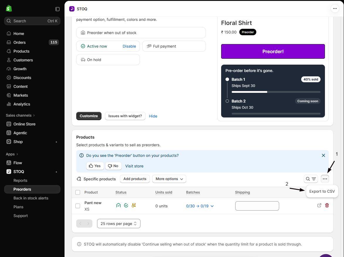 The offer's Products section with marker 1 on the ⋯ menu and marker 2 on Export to CSV