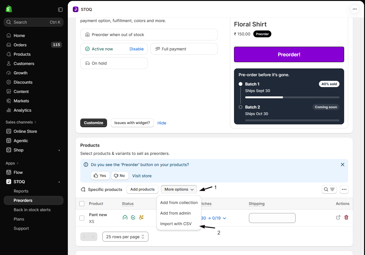 The offer's Products section with the More options menu open and Import with CSV highlighted