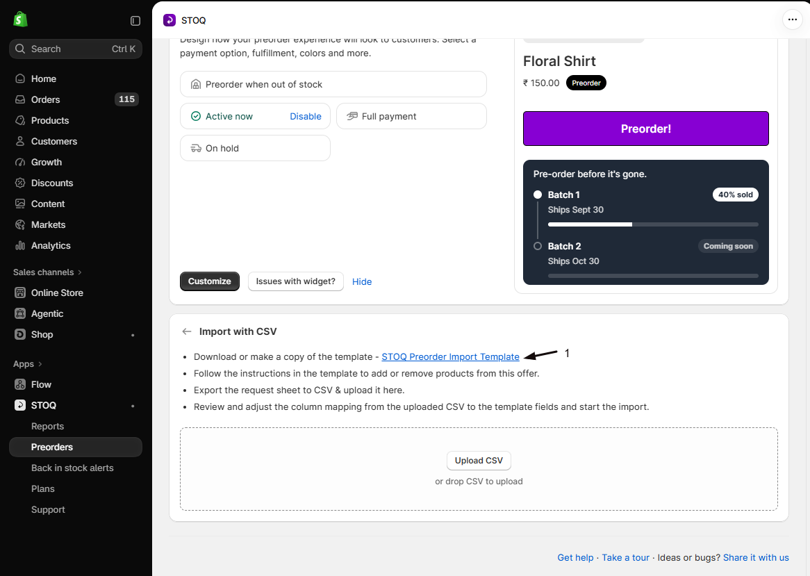 The Import with CSV panel with the STOQ Preorder Import Template link highlighted