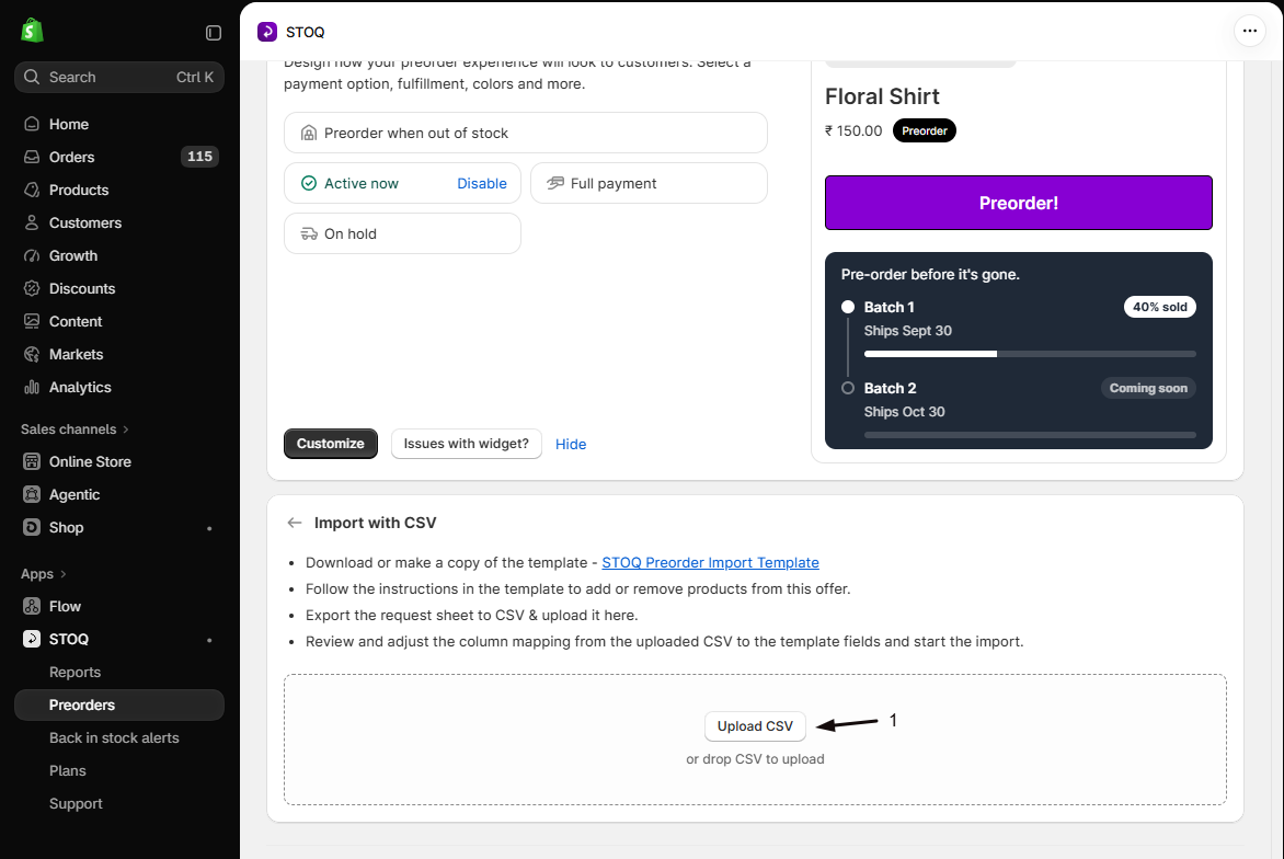 The Import with CSV panel with the Upload CSV button in the drop area highlighted