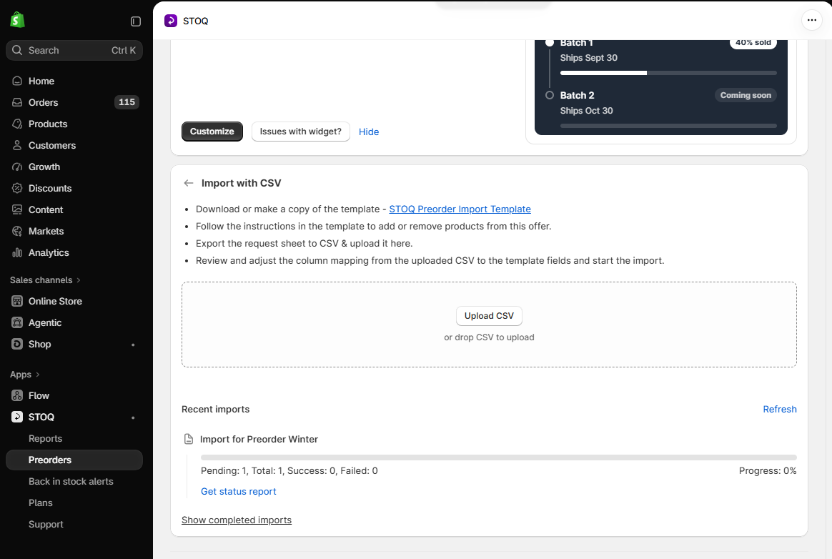 Recent imports in the Import with CSV panel showing an in-progress import and a Get status report link