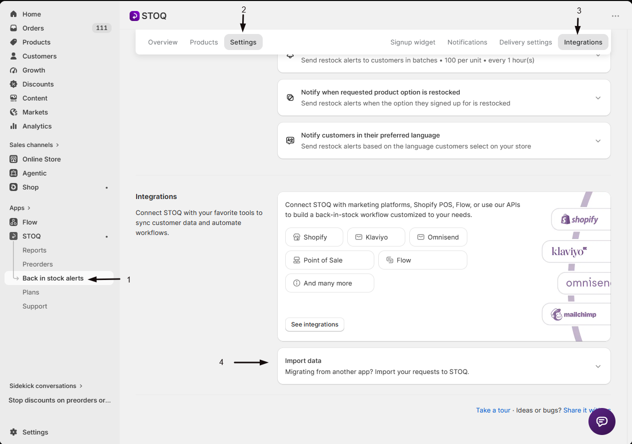 The Import data card below the integrations section