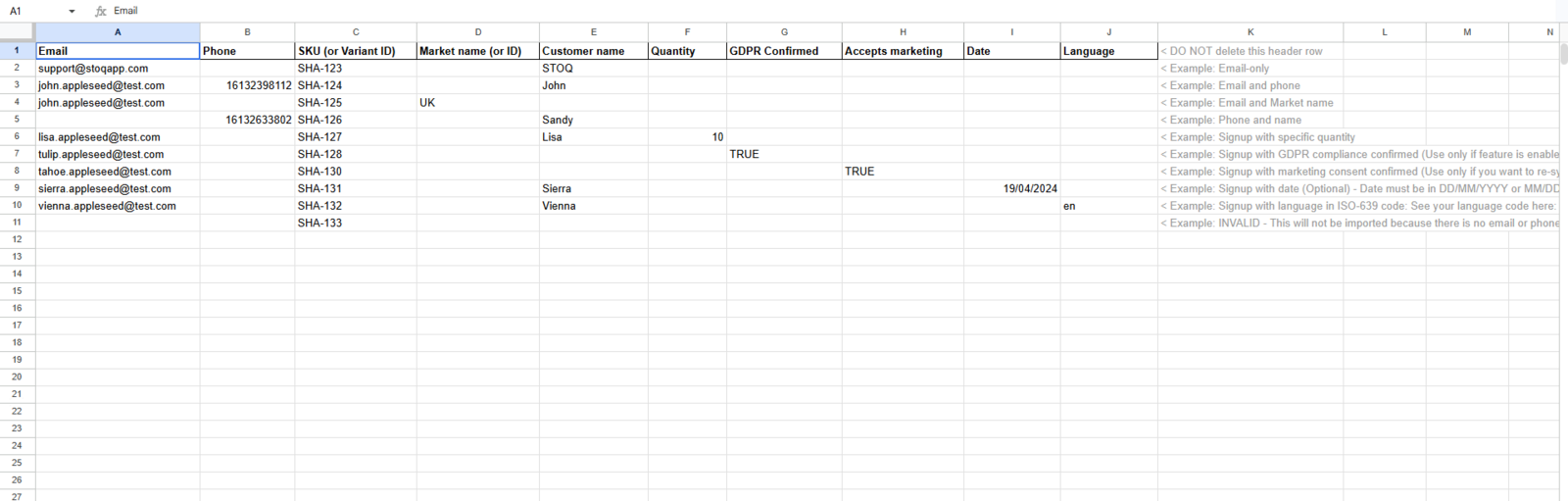 The import template filled with waitlist rows
