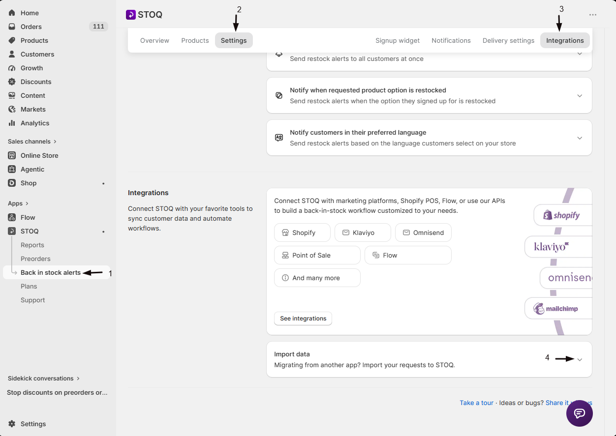 The Import data card on the Integrations sub-tab of Back in stock alerts Settings