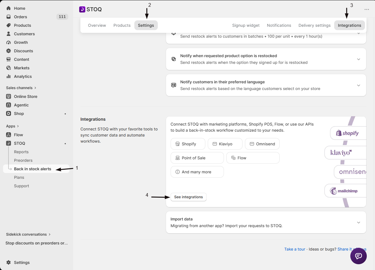 The Integrations sub-tab under Back in stock alerts Settings