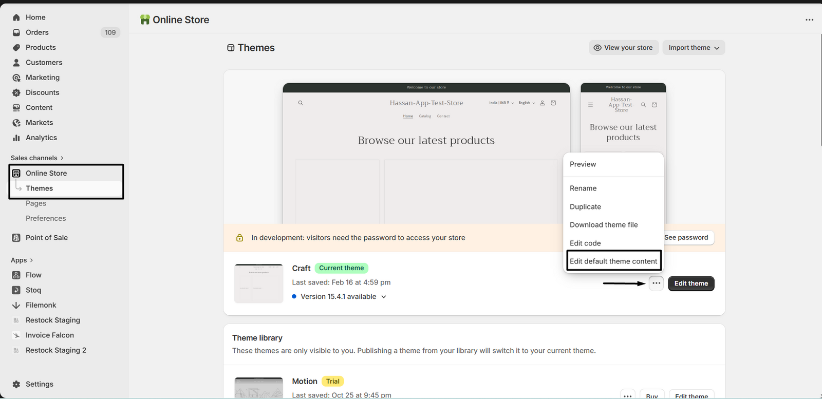 The theme actions menu with Edit default theme content