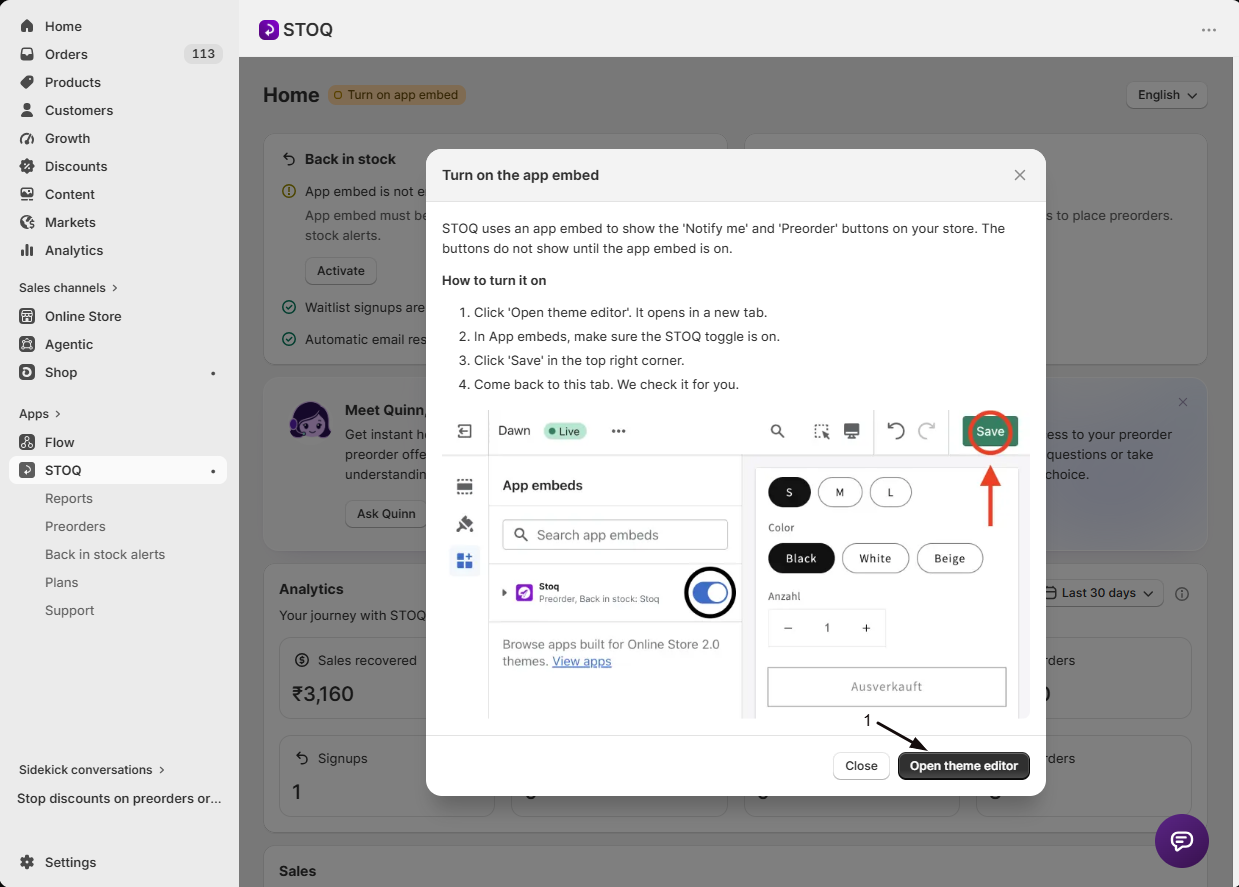 The Turn on the app embed window with Open theme editor