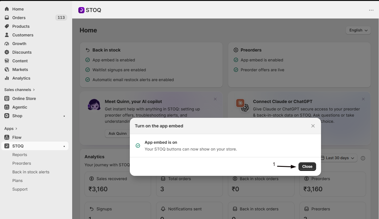 The window confirming App embed is on with the Close button