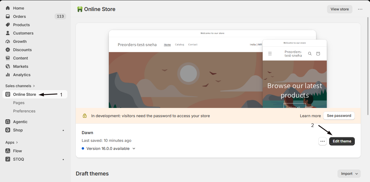 The Online Store Themes page with Edit theme on the live theme
