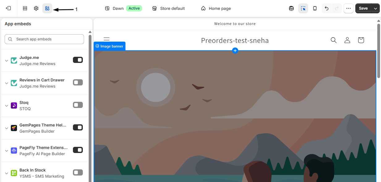 The App embeds icon in the top-left of the theme editor