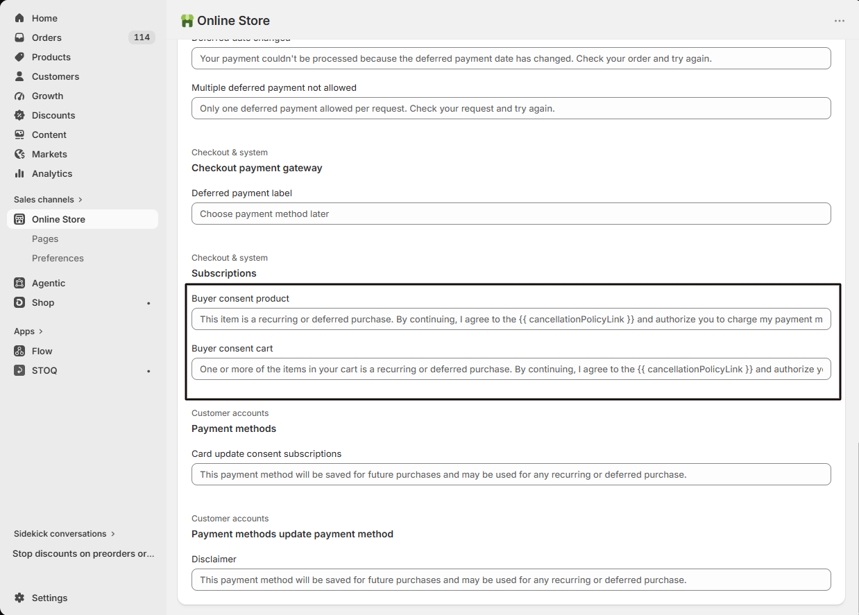 Searching the theme language editor for the deferred or recurring purchase string