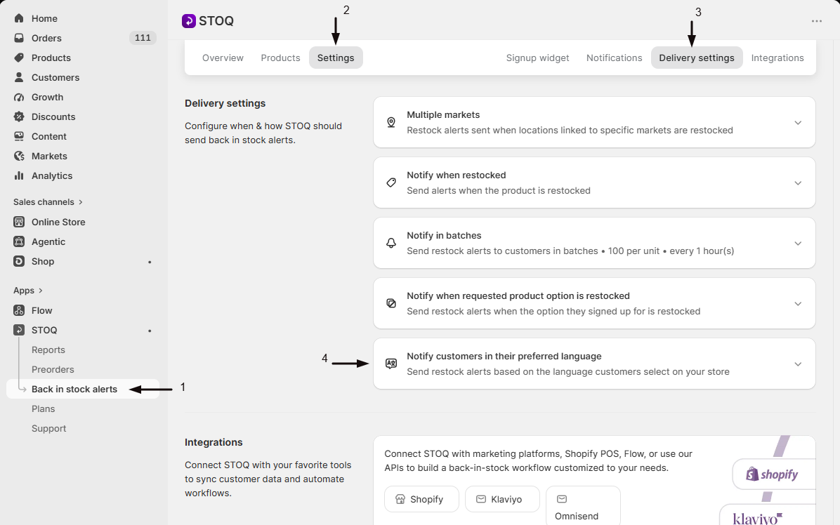 The Languages card on the Delivery settings page