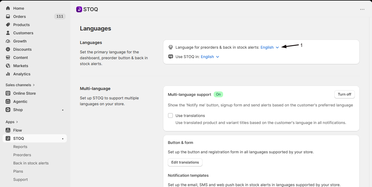 Selecting the primary language for preorders and back in stock alerts