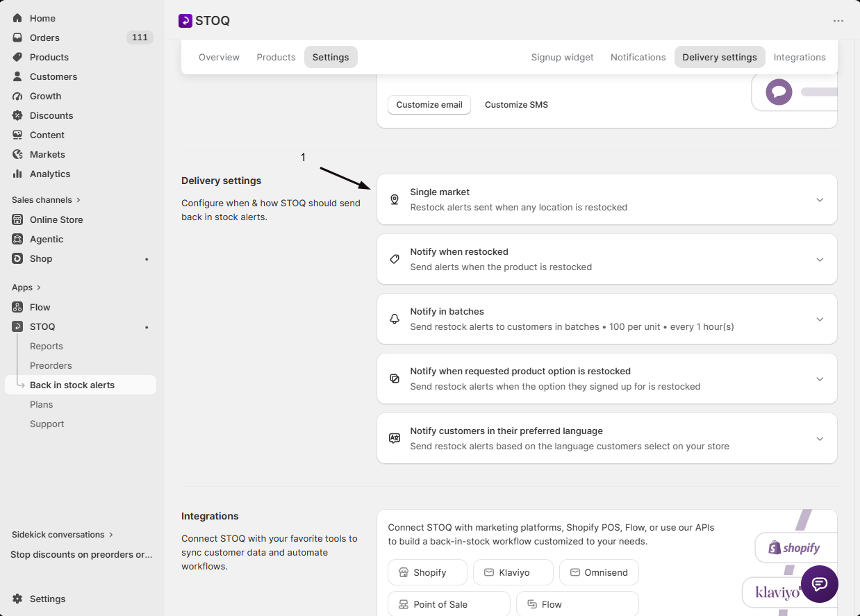 The Market setup row expanded on the Delivery settings page