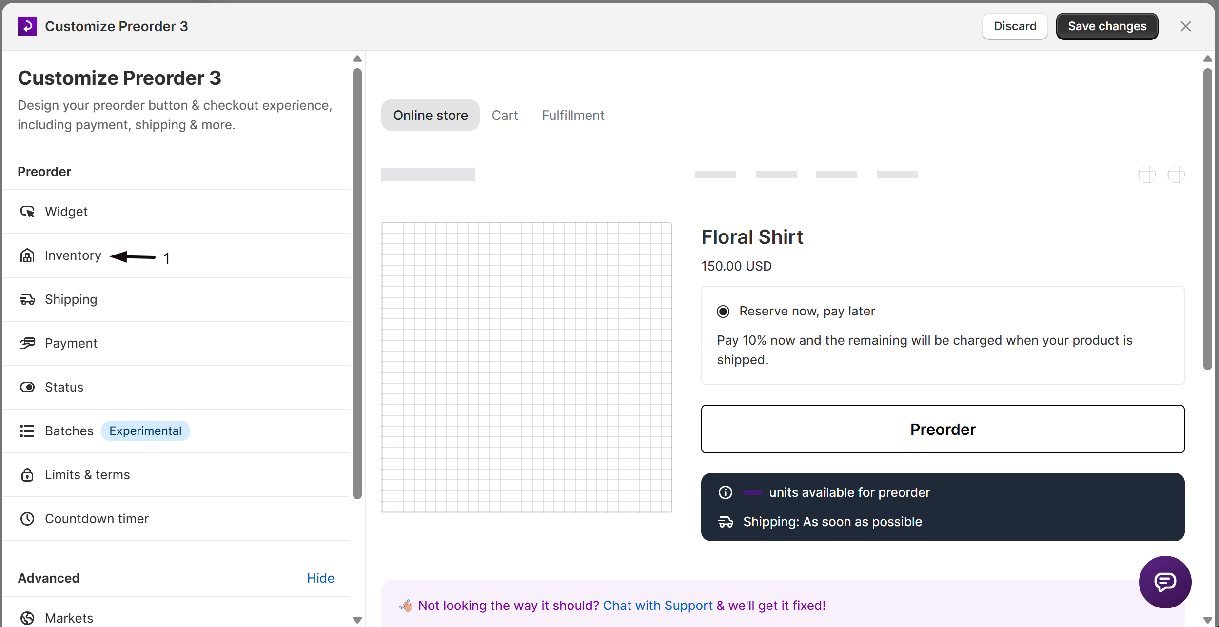 The Inventory panel in the offer editor