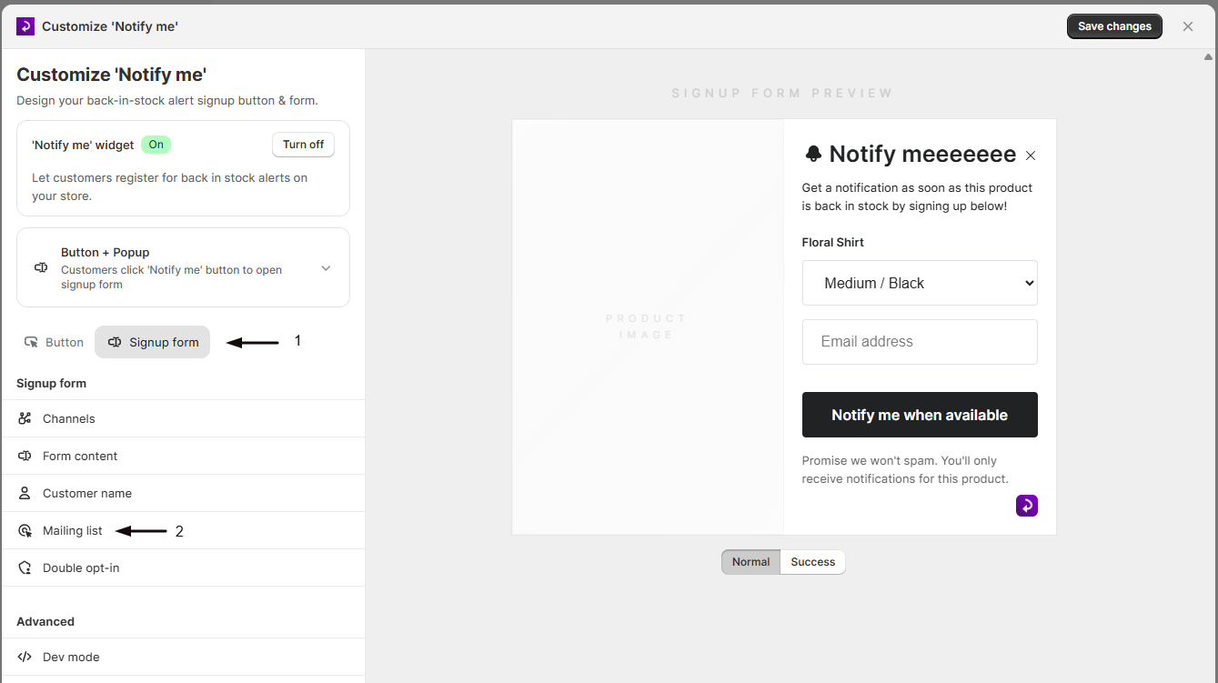 The Mailing list section in the Signup form tab of the widget editor