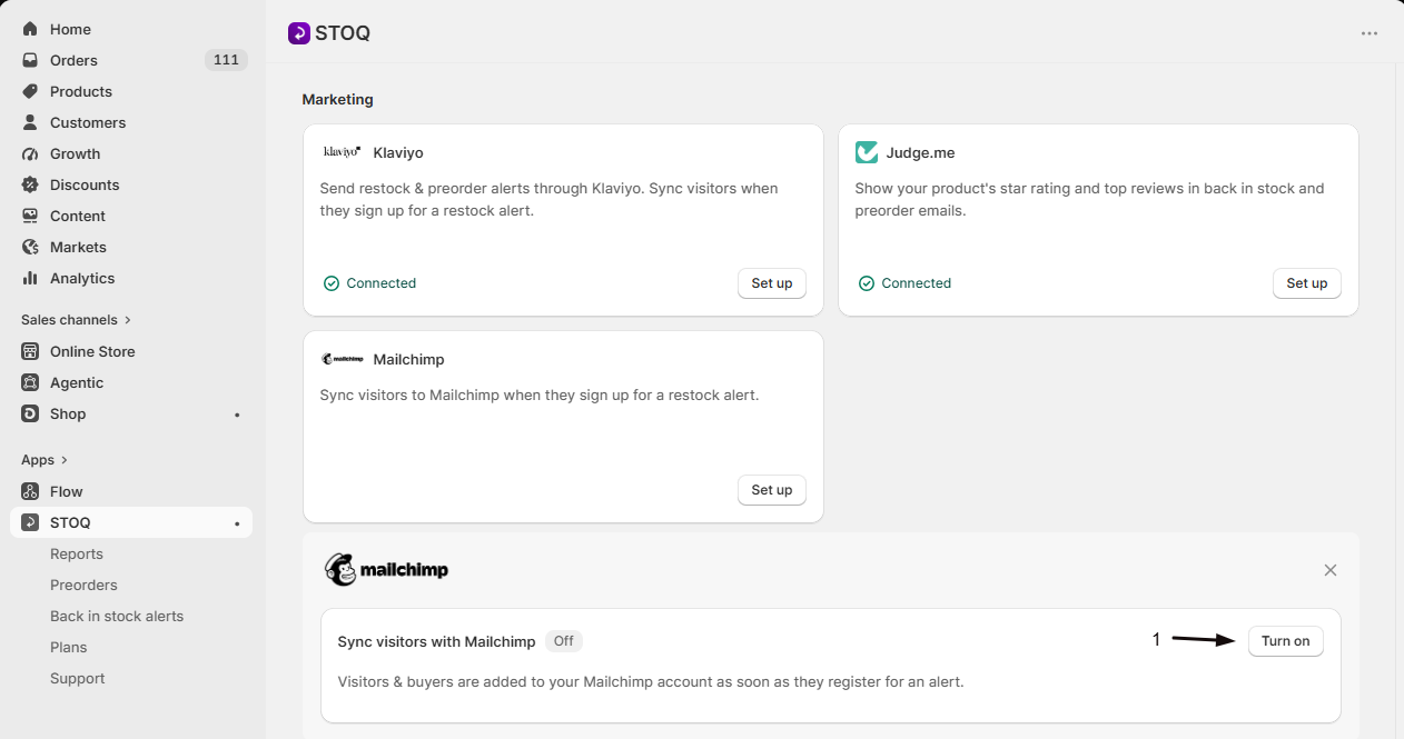 The Sync visitors with Mailchimp toggle turned on