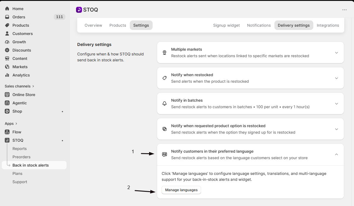 The Manage languages option in the expanded Languages card