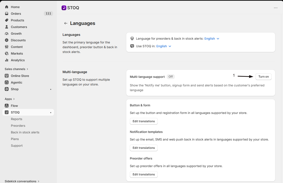 The Multi-language support toggle turned on