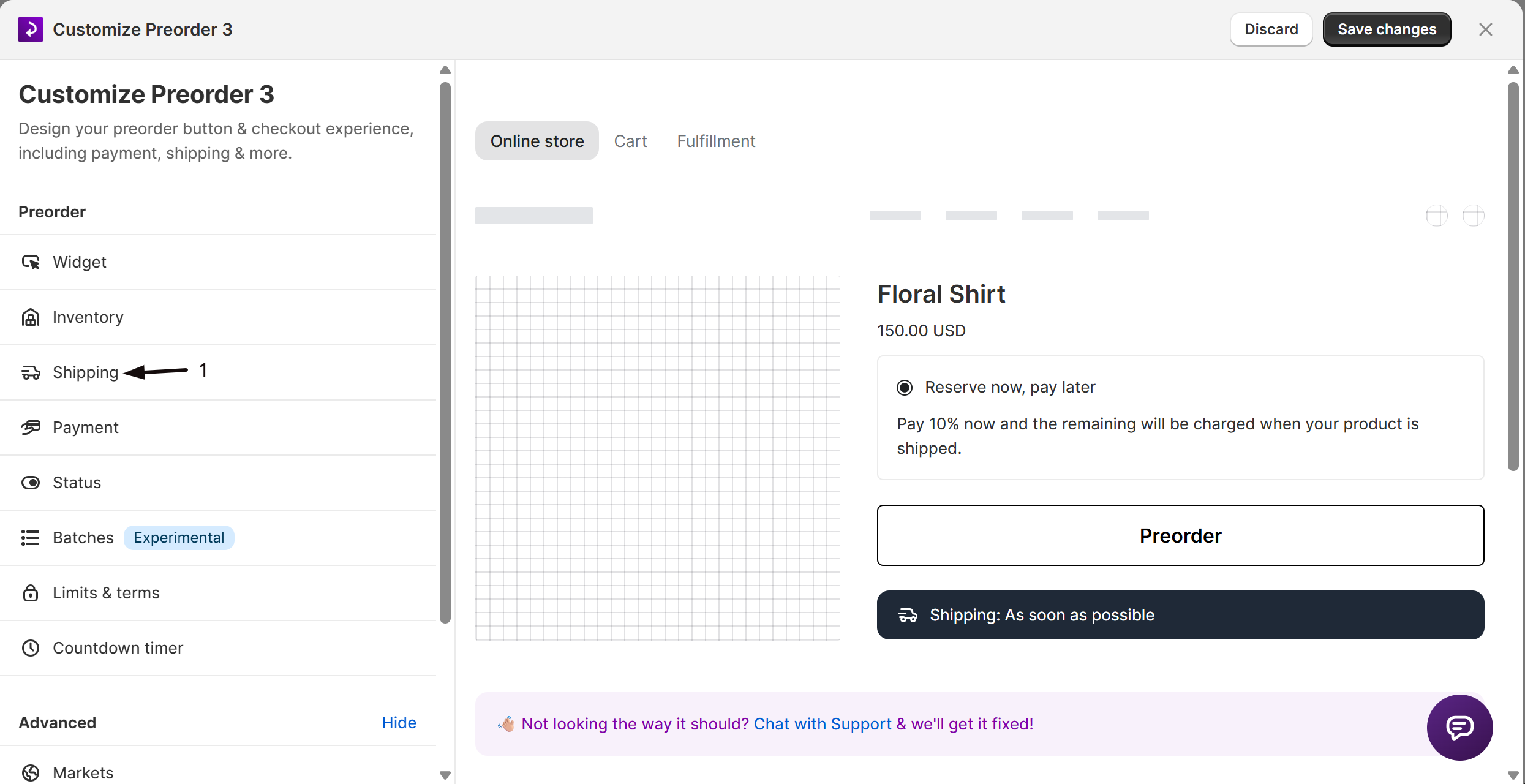 The Shipping section in the offer editor