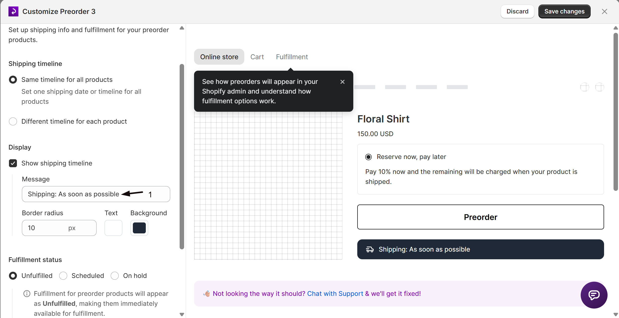 The shipping timeline Message field