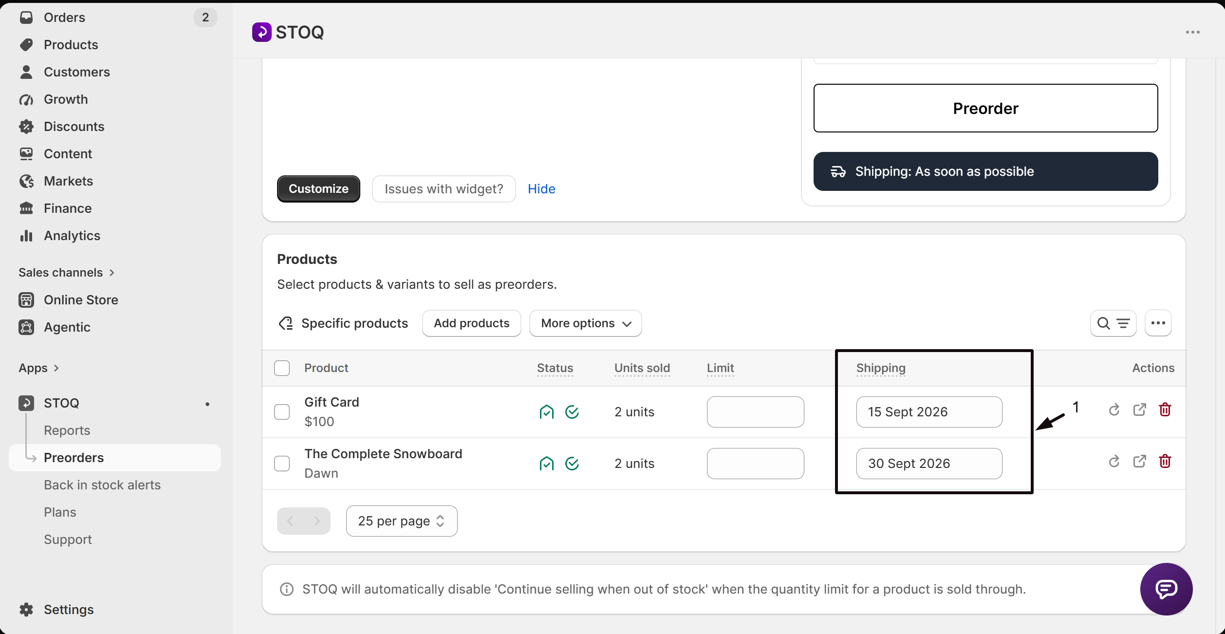 The Shipping column in the offer's Products section
