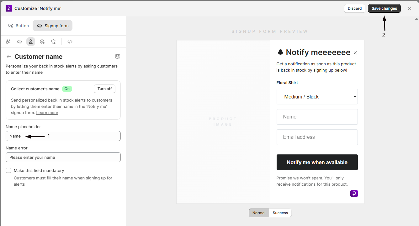 The Name placeholder field