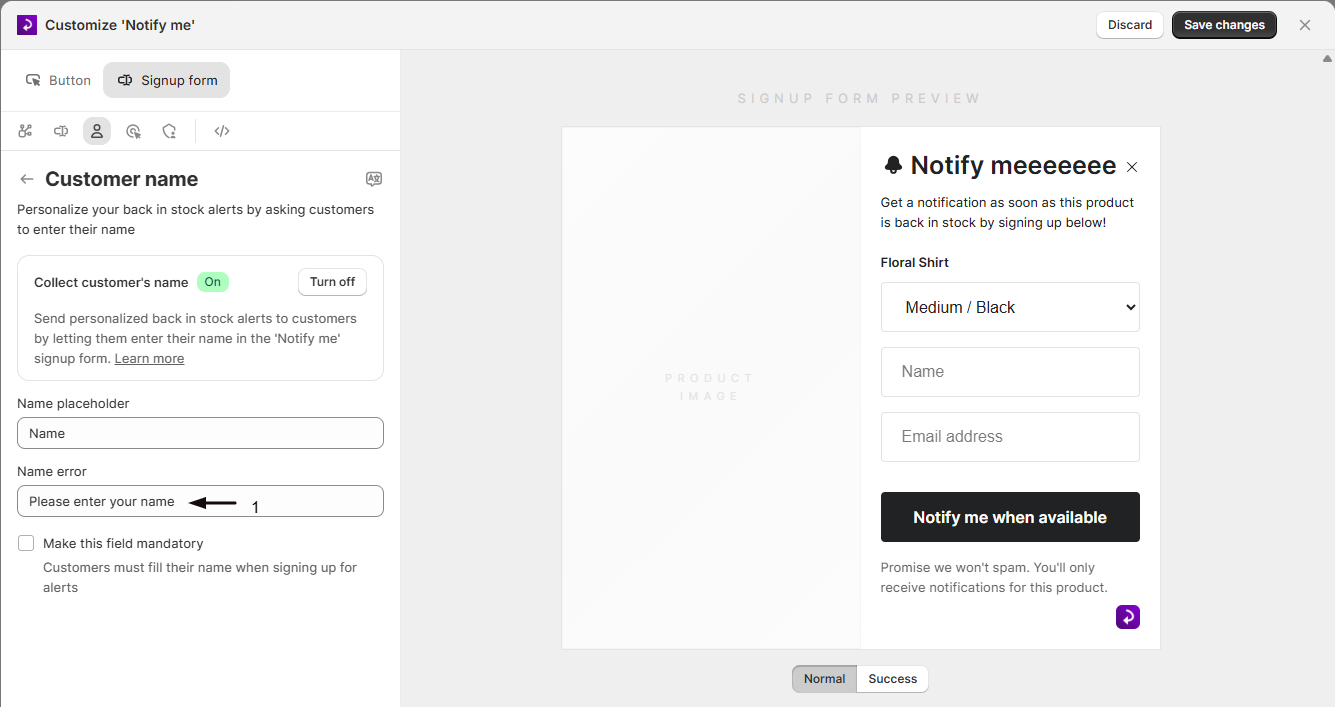 The Name error message field