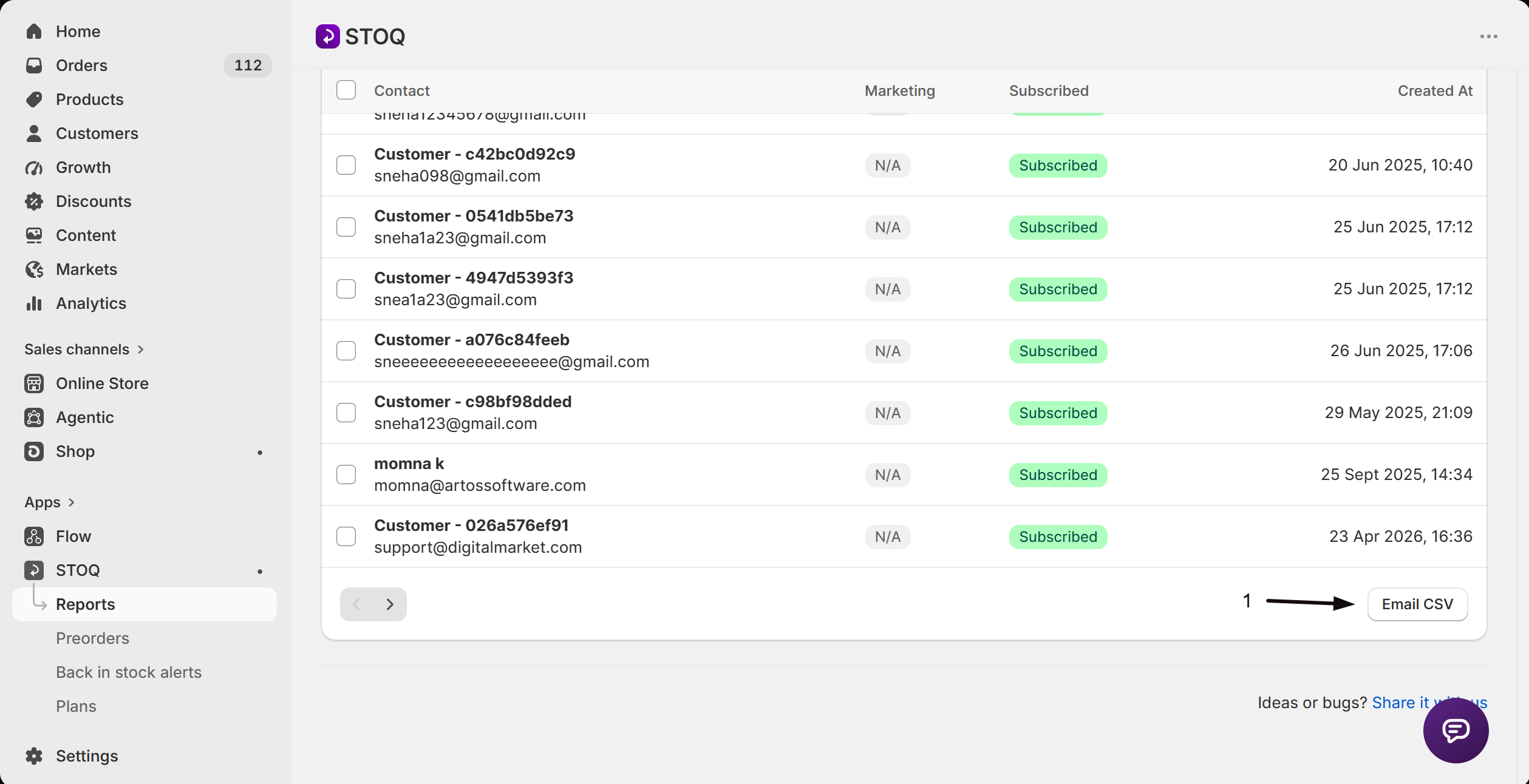 The customer list with search, Email CSV, and Delete customers