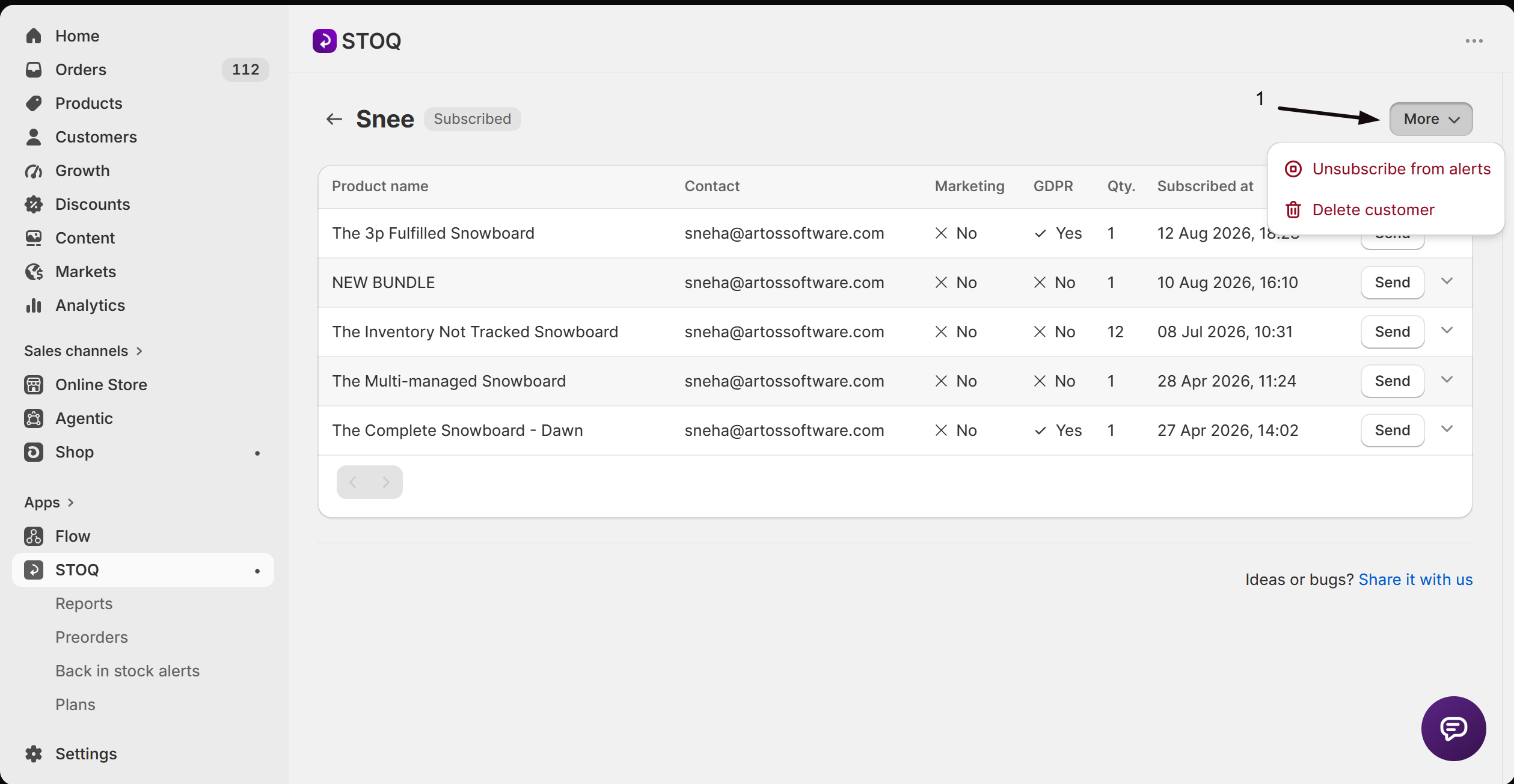 The More menu on a customer's detail page