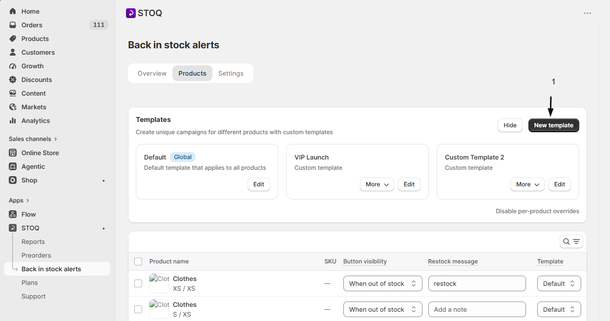 The New template button in the Templates section