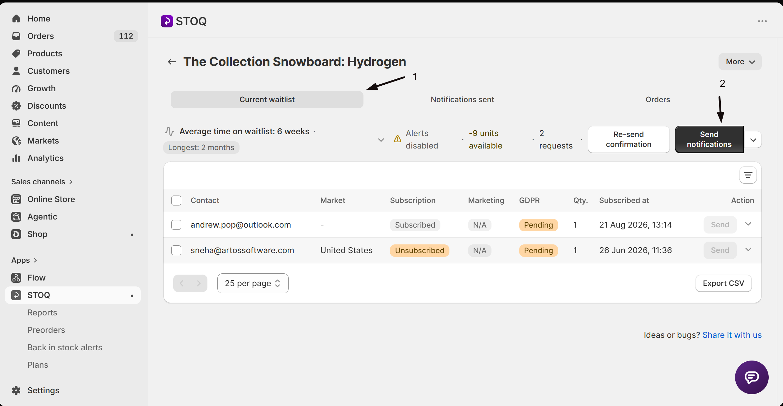 The Send notifications modal on a product's detail page