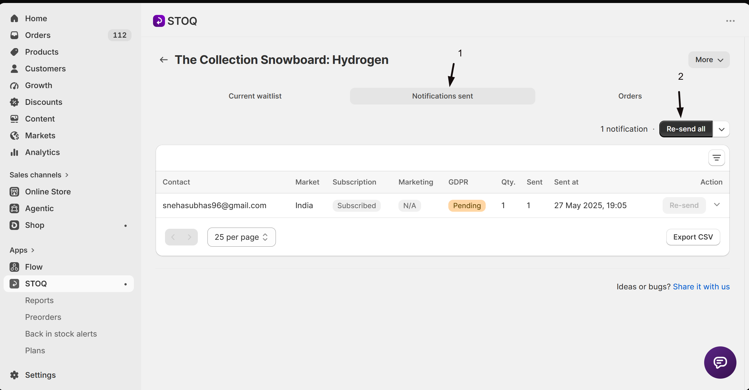 Re-send notifications on the Notifications sent tab