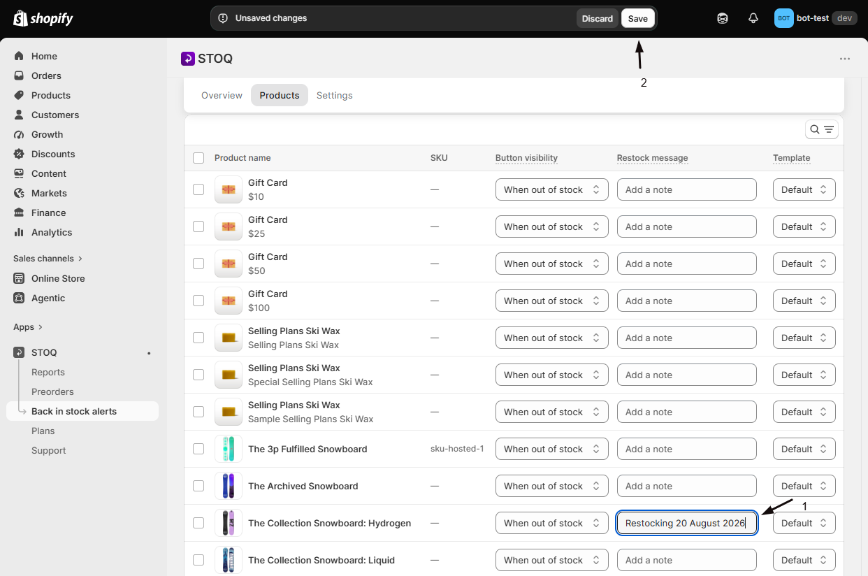The Restock message field for a variant